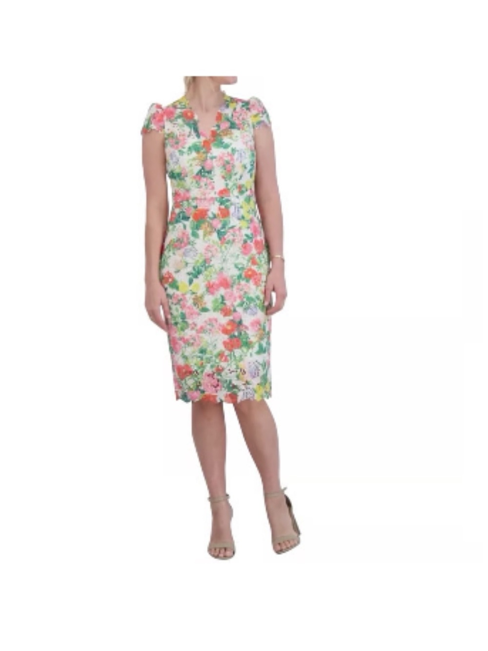 Eliza J White Floral Lace-Trim Midi Dress with Pink & Green Print NWT